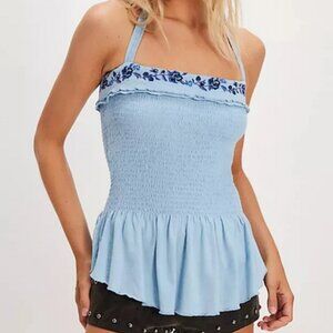 Free People Alee Top Floral Embroidered Halter Blue Tie Ruffle S